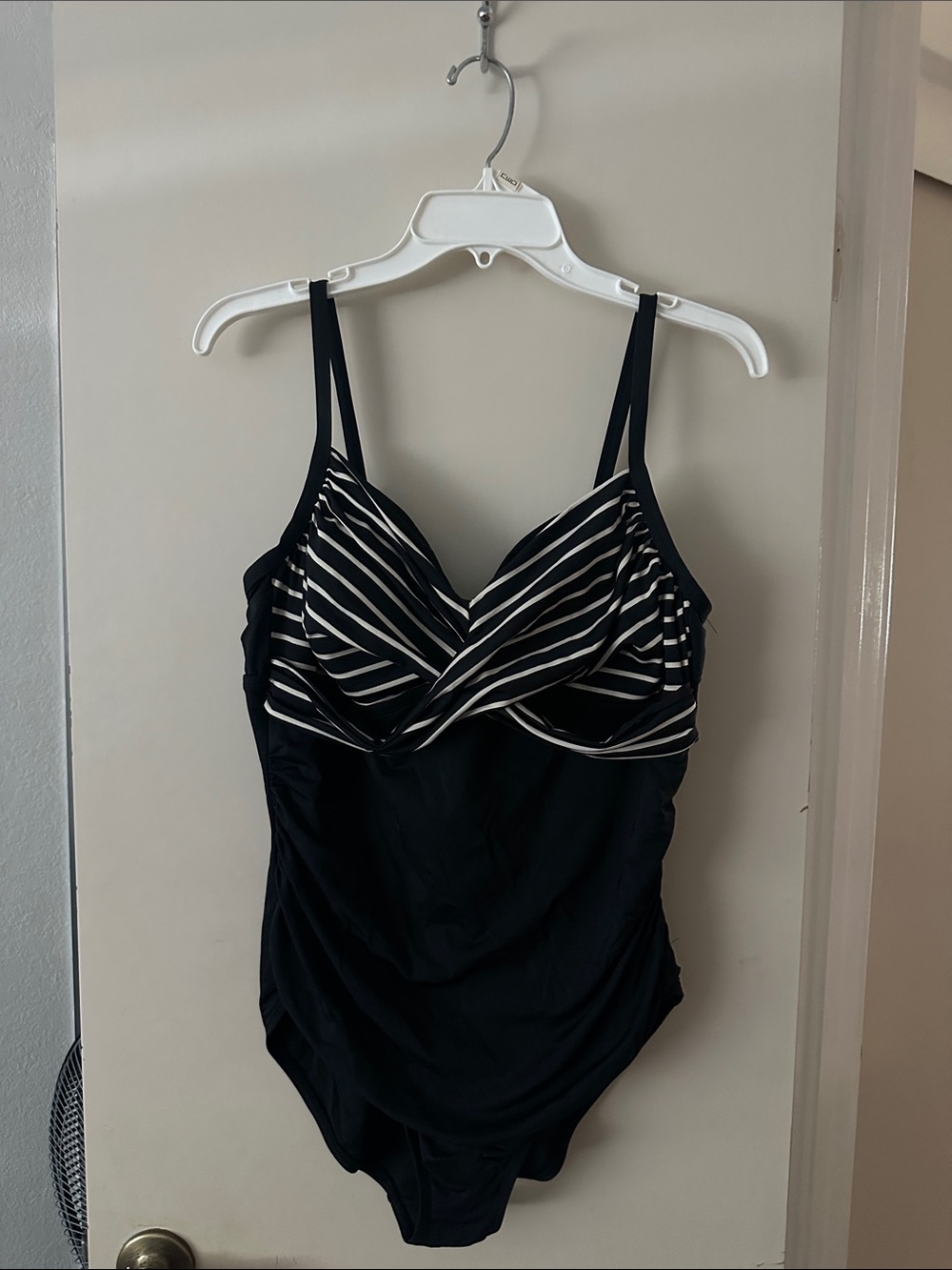 Black One-Piece Swimsuit with White Stripe Top